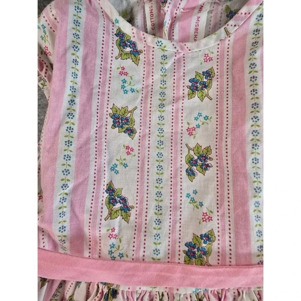 Vintage Handmade Dress Girls 2T Pink Floral Striped Tulle Lined Cotton 70s